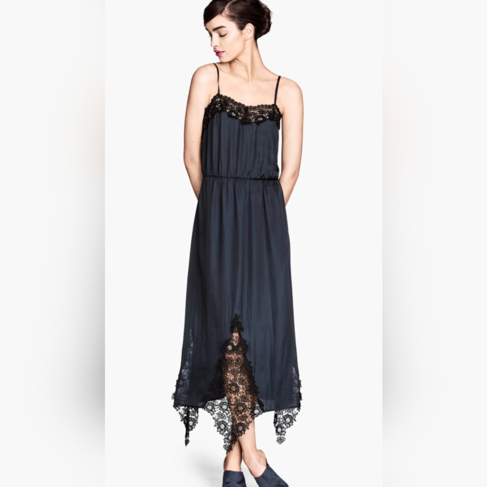 Romantic Slip Dress, Lace Detail in Midnight Blue, H&M 2014, Size 2